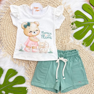 Conj. Blusa Floresça com Flora e Short - Areia e Verde